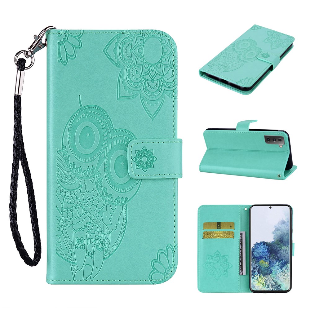 Owl Flower Pattern Imprinted PU Leather Wallet Flip Book Stand Cover with Strap for Samsung Galaxy S22 Plus - Cyan-8