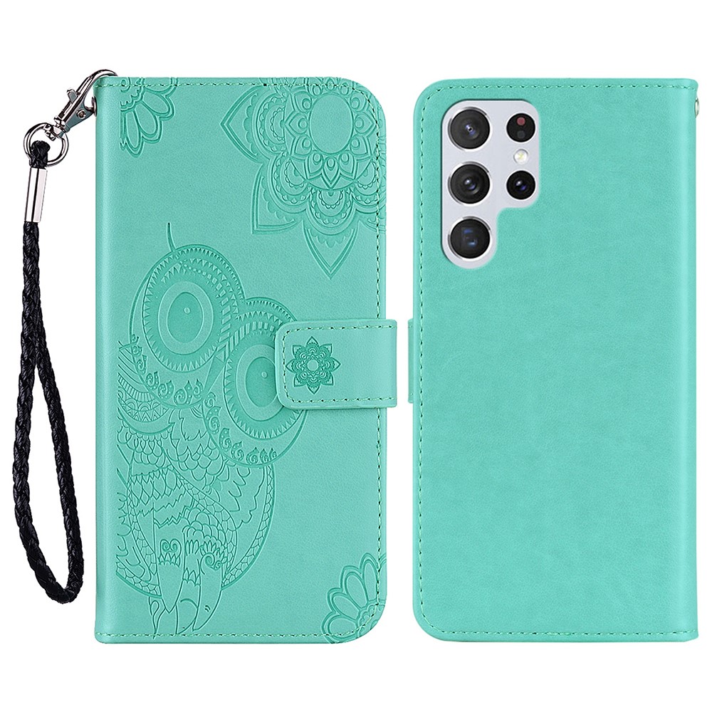 Flip Phone Case Stylish Imprinted Owl Flower Pattern Leather Wallet Shell for Samsung Galaxy S22 Ultra - Cyan-1