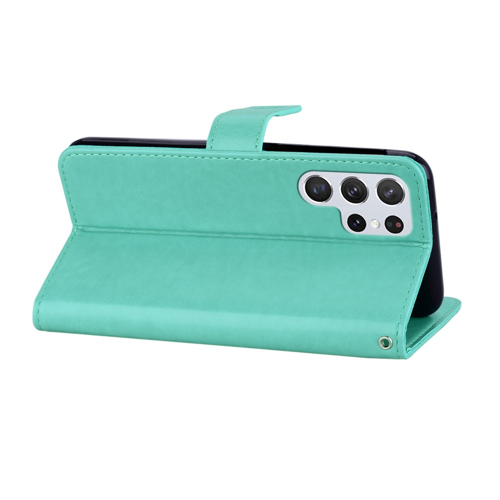 Flip Phone Case Stylish Imprinted Owl Flower Pattern Leather Wallet Shell for Samsung Galaxy S22 Ultra - Cyan-4