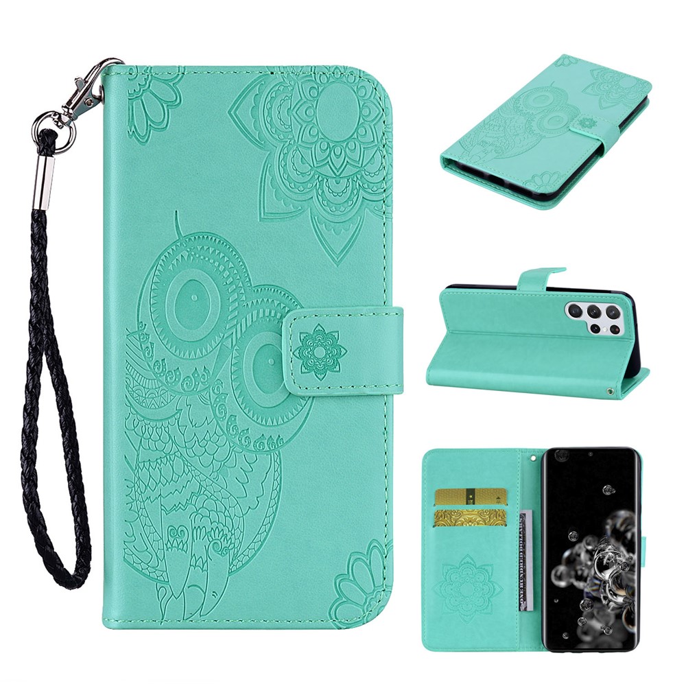 Flip Phone Case Stylish Imprinted Owl Flower Pattern Leather Wallet Shell for Samsung Galaxy S22 Ultra - Cyan-8
