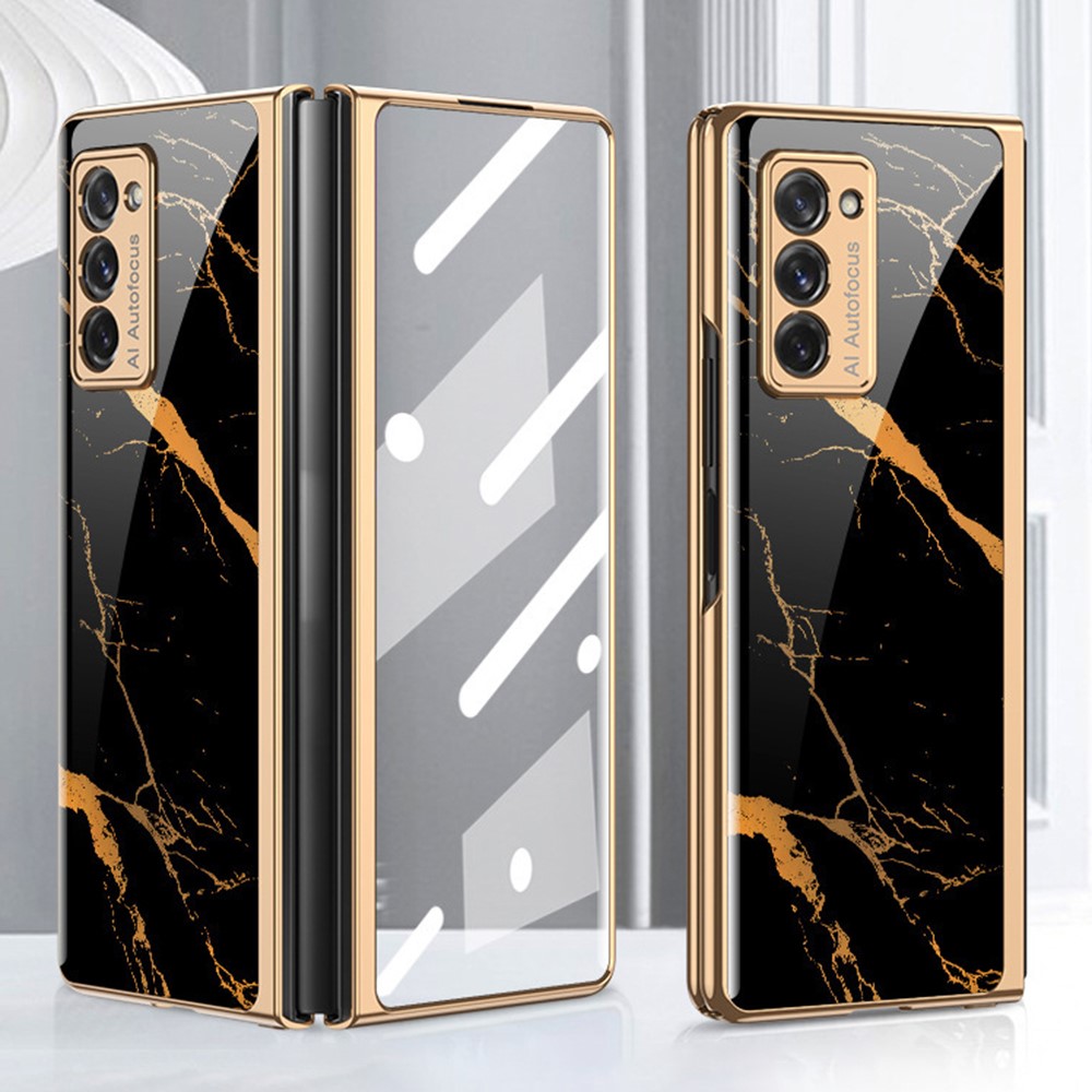 All-inclusive Front Glass Phone Shell Anti-Drop Pattern Printing Super Thin Folding Phone Case for Samsung Galaxy Z Fold2 5G/W21 - Black/Gold/Marble-2