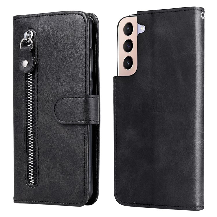 PU Leather Phone Case Zipper Pocket Design Folio Flip Stand Wallet Case for Samsung Galaxy S22 - Black-1