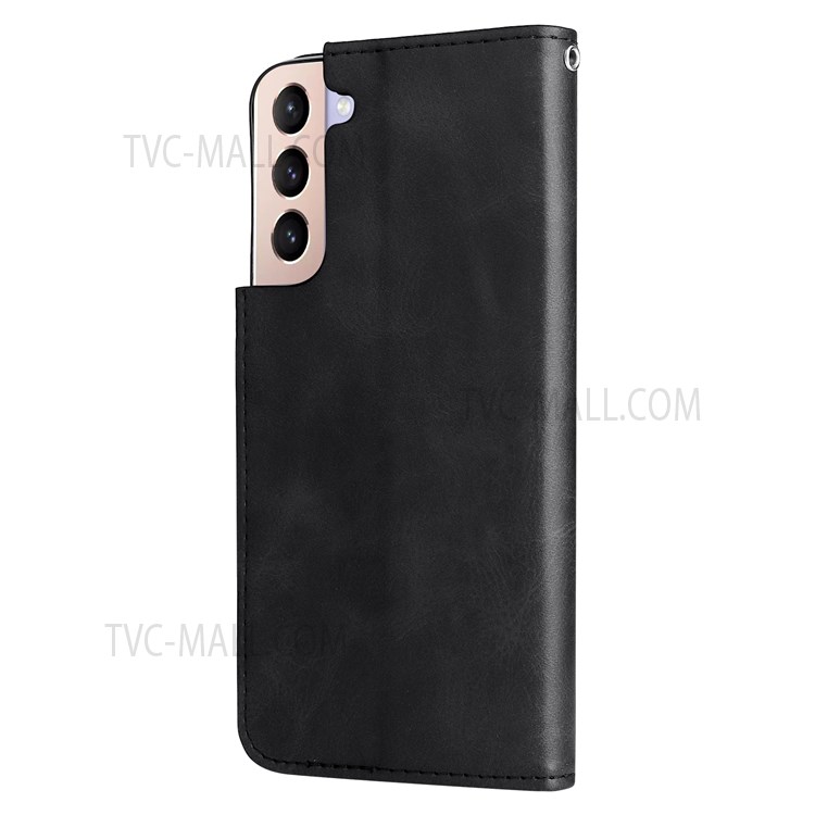 PU Leather Phone Case Zipper Pocket Design Folio Flip Stand Wallet Case for Samsung Galaxy S22 - Black-2