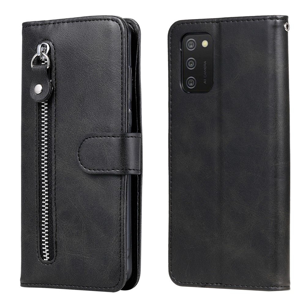 PU Leather Phone Case Drop-Resistant Folio Flip Stand Wallet Zipper Pocket Design Case for Samsung Galaxy A03s (164.2 x 75.9 x 9.1mm) - Black-1