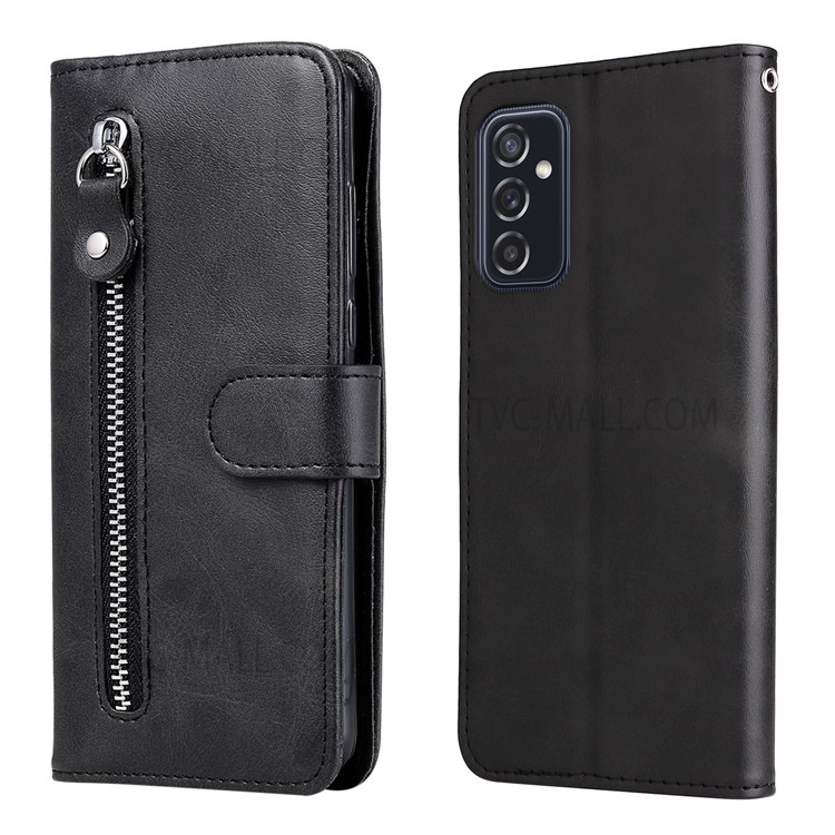 Folding PU Leather Phone Case Zipper Pocket Design Wallet Case with Adjustable Stand for Samsung Galaxy M52 5G - Black-1