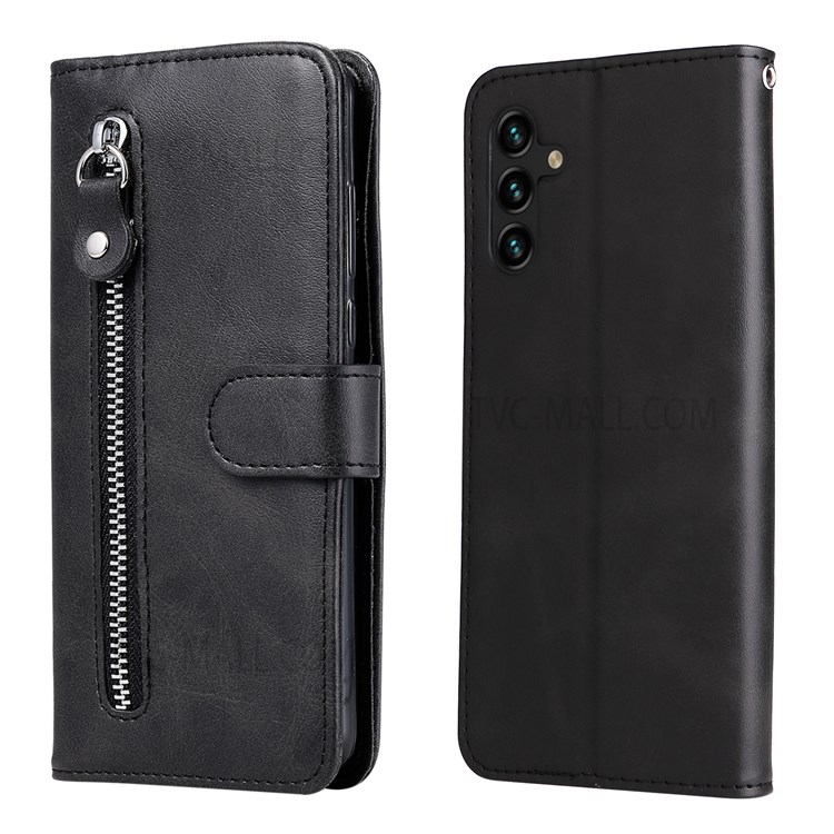Folio Flip PU Leather Phone Case Zipper Pocket Design Wallet Plain Color Stand Case for Samsung Galaxy A13 5G - Black-1