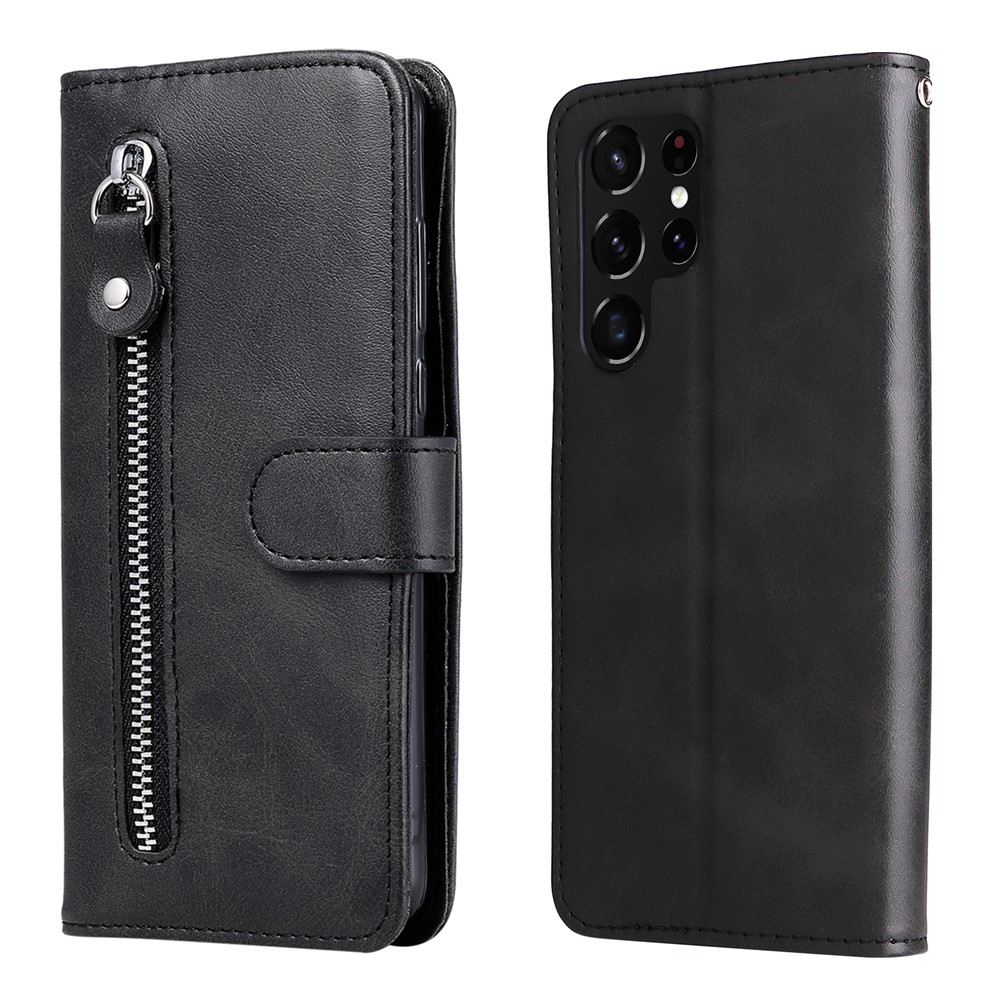 PU Leather Flip Case Zipper Pocket Design Wallet Stand Anti-Drop Case for Samsung Galaxy S22 Ultra - Black-1