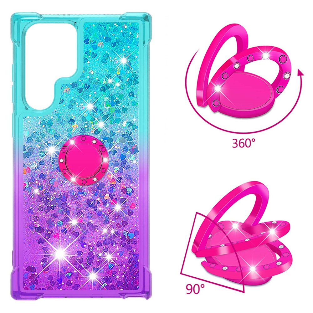 Glitter Liquid Bling Sparkle Gradient Quicksand Thickened Four Corners Soft TPU Phone Cover with Ring Holder Kickstand for Samsung Galaxy S22 Ultra - Sky Blue/Purple-2