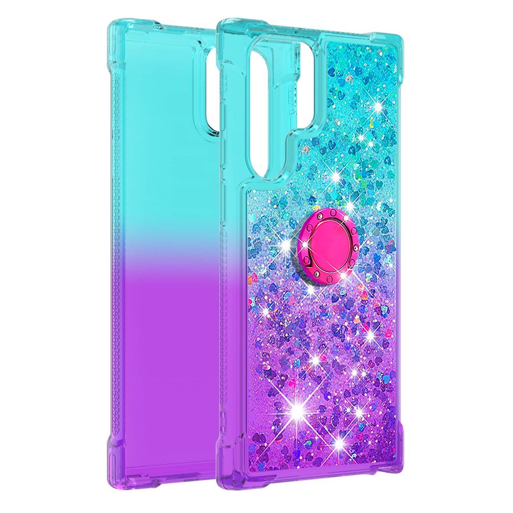 Glitter Liquid Bling Sparkle Gradient Quicksand Thickened Four Corners Soft TPU Phone Cover with Ring Holder Kickstand for Samsung Galaxy S22 Ultra - Sky Blue/Purple-3