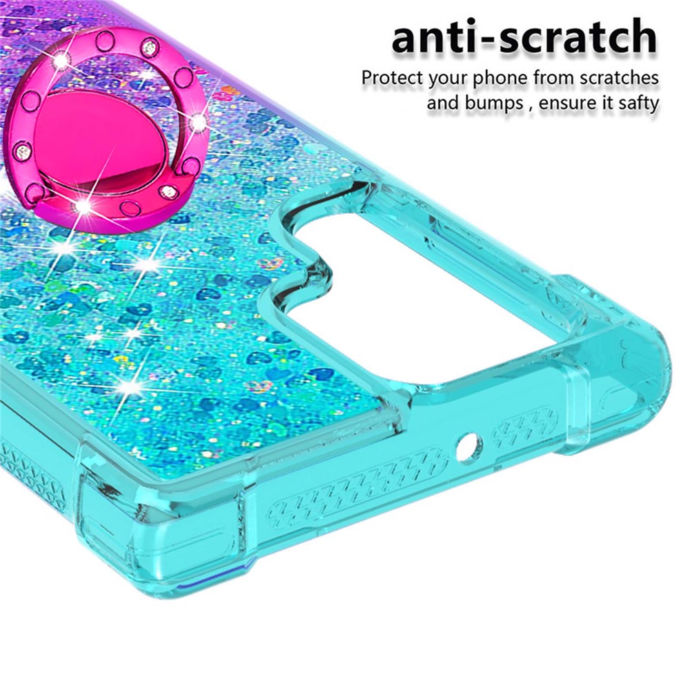Glitter Liquid Bling Sparkle Gradient Quicksand Thickened Four Corners Soft TPU Phone Cover with Ring Holder Kickstand for Samsung Galaxy S22 Ultra - Sky Blue/Purple-4
