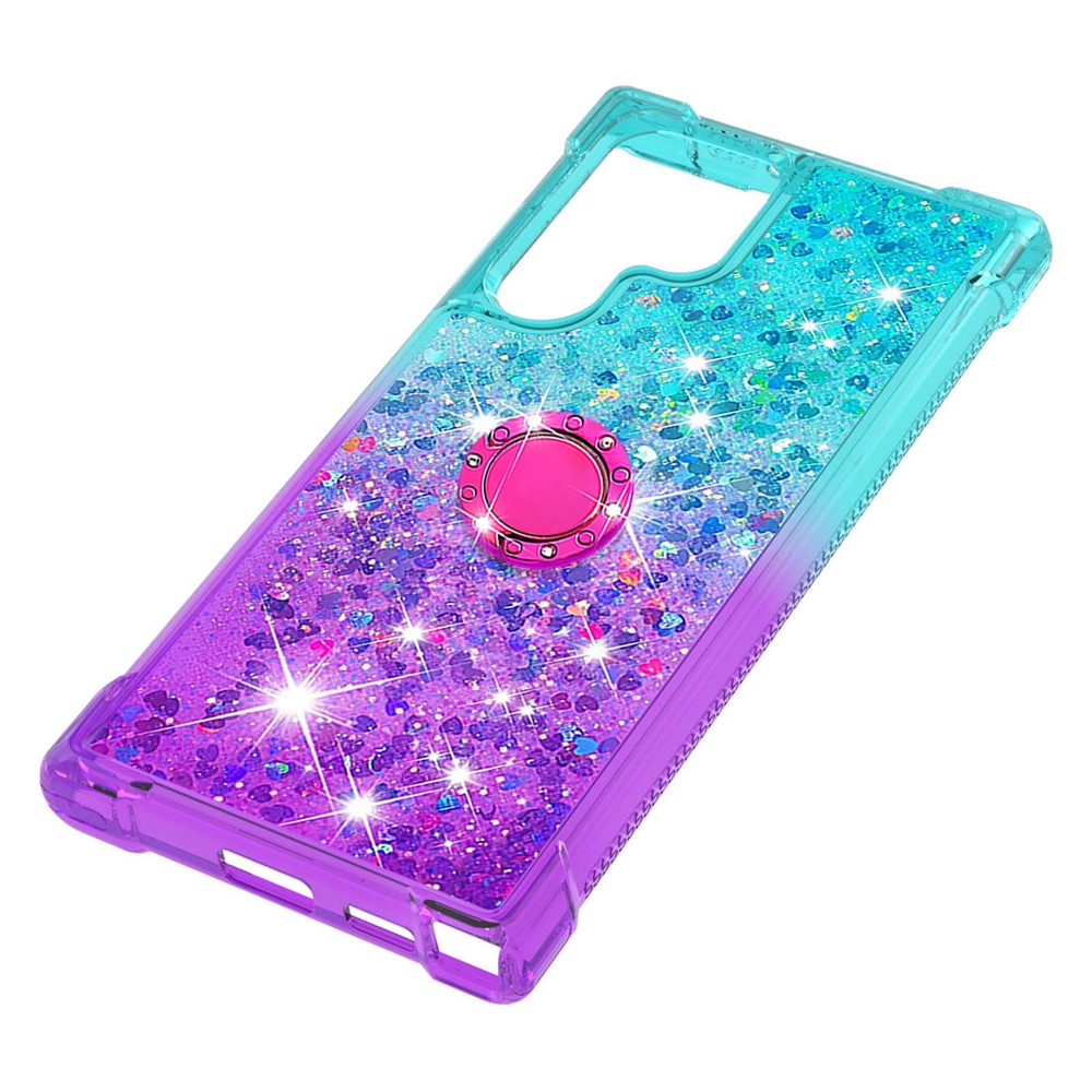 Glitter Liquid Bling Sparkle Gradient Quicksand Thickened Four Corners Soft TPU Phone Cover with Ring Holder Kickstand for Samsung Galaxy S22 Ultra - Sky Blue/Purple-6