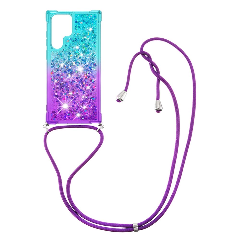 Gradient Quicksand Series Glitter Flowing Liquid Drop-proof Soft TPU Well-protected Phone Cover Shell with Strap for Samsung Galaxy S22 Ultra - Sky Blue/Purple-1