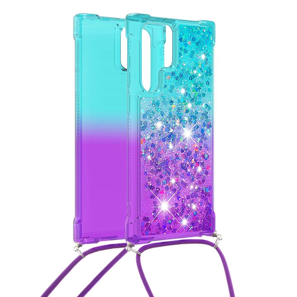 Gradient Quicksand Series Glitter Flowing Liquid Drop-proof Soft TPU Well-protected Phone Cover Shell with Strap for Samsung Galaxy S22 Ultra - Sky Blue/Purple-2