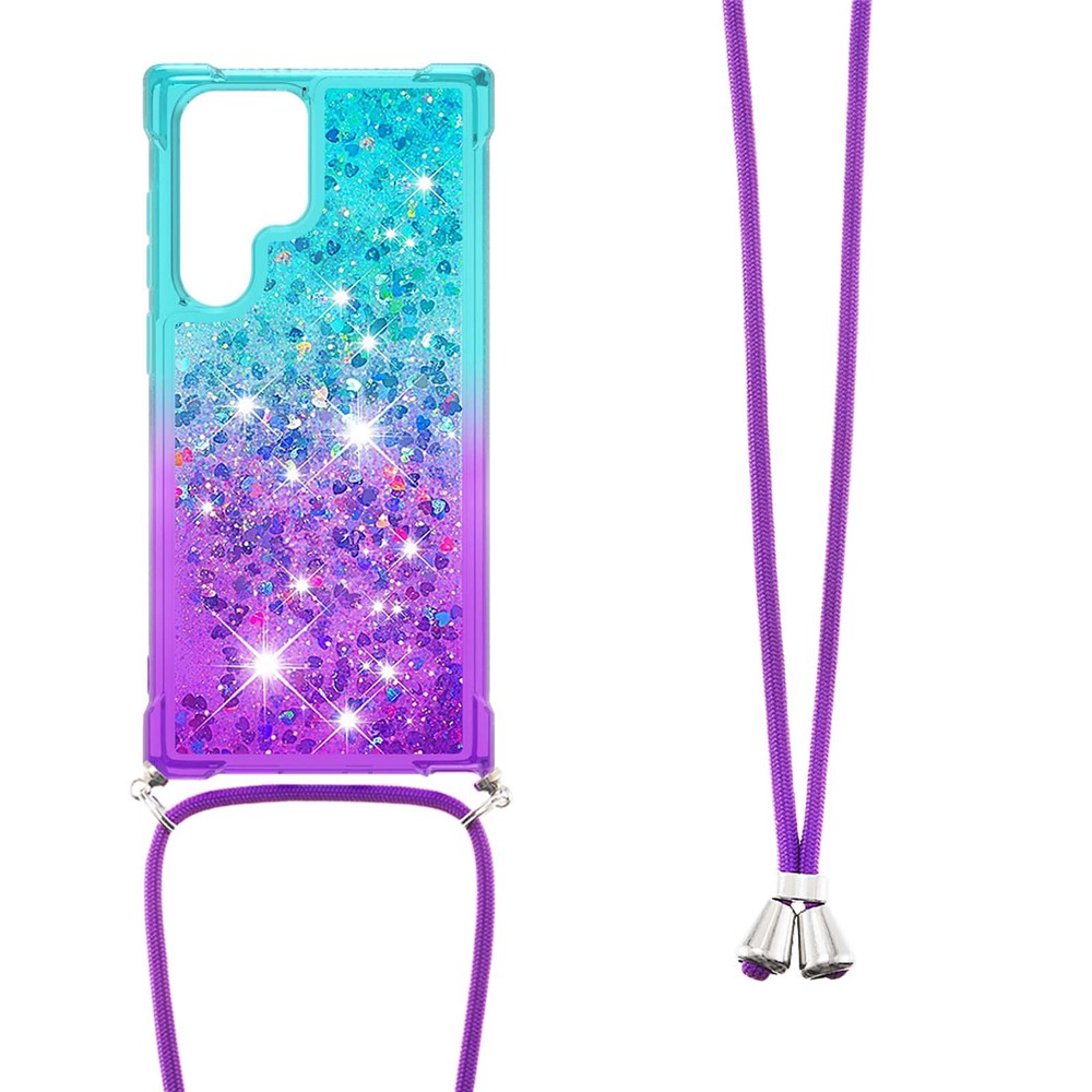 Gradient Quicksand Series Glitter Flowing Liquid Drop-proof Soft TPU Well-protected Phone Cover Shell with Strap for Samsung Galaxy S22 Ultra - Sky Blue/Purple-3