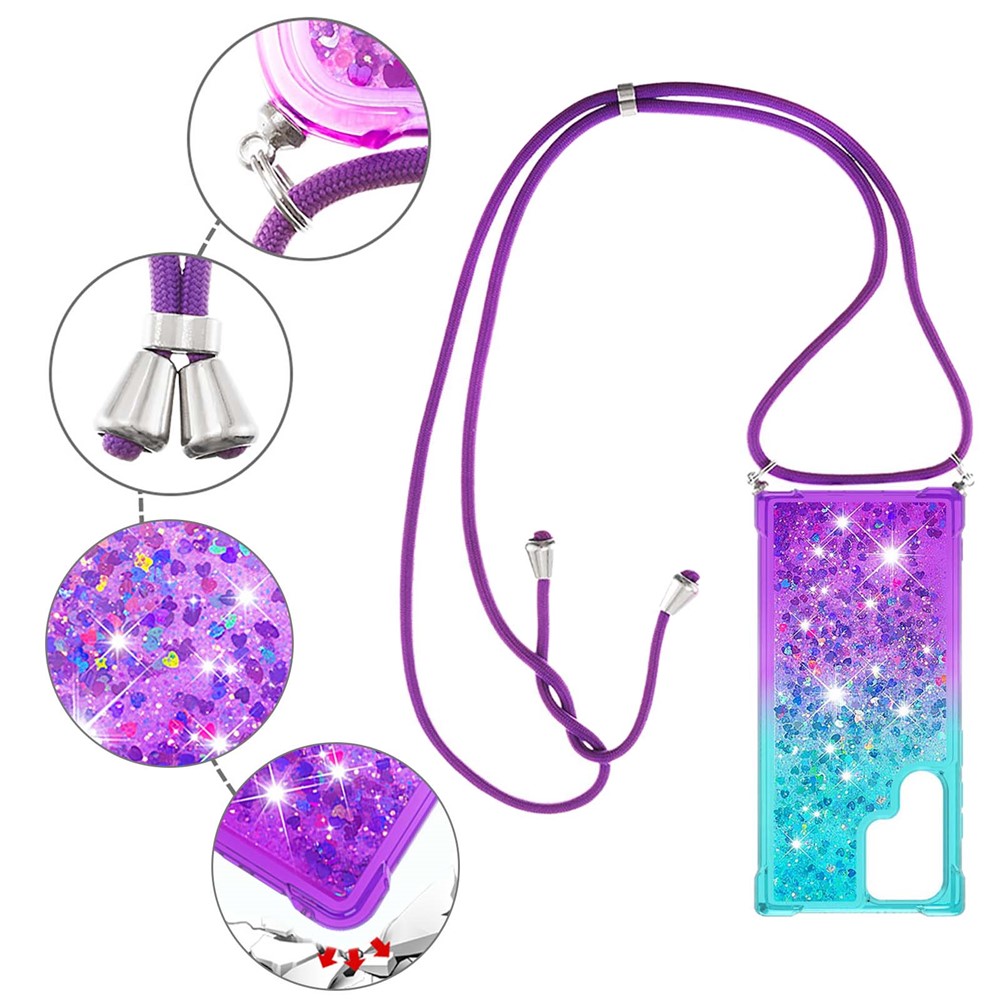 Gradient Quicksand Series Glitter Flowing Liquid Drop-proof Soft TPU Well-protected Phone Cover Shell with Strap for Samsung Galaxy S22 Ultra - Sky Blue/Purple-4