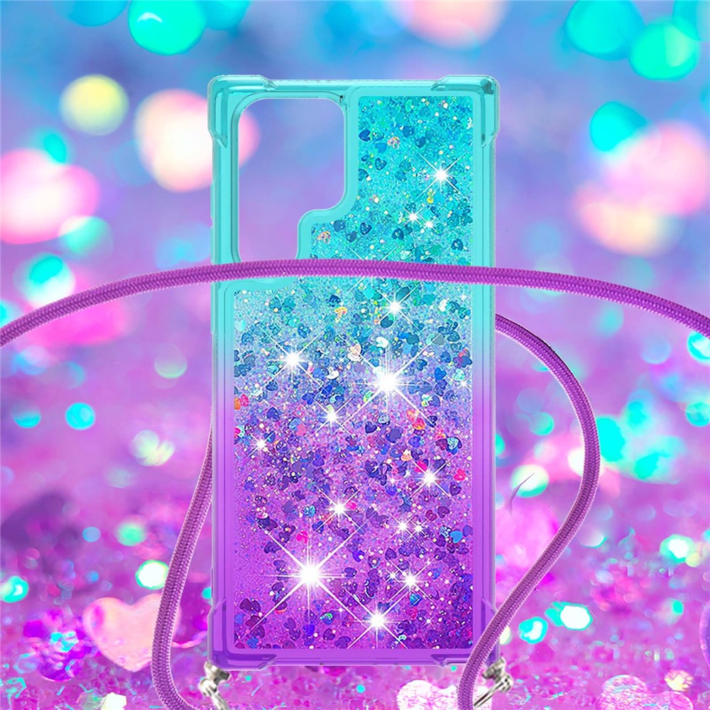 Gradient Quicksand Series Glitter Flowing Liquid Drop-proof Soft TPU Well-protected Phone Cover Shell with Strap for Samsung Galaxy S22 Ultra - Sky Blue/Purple-5