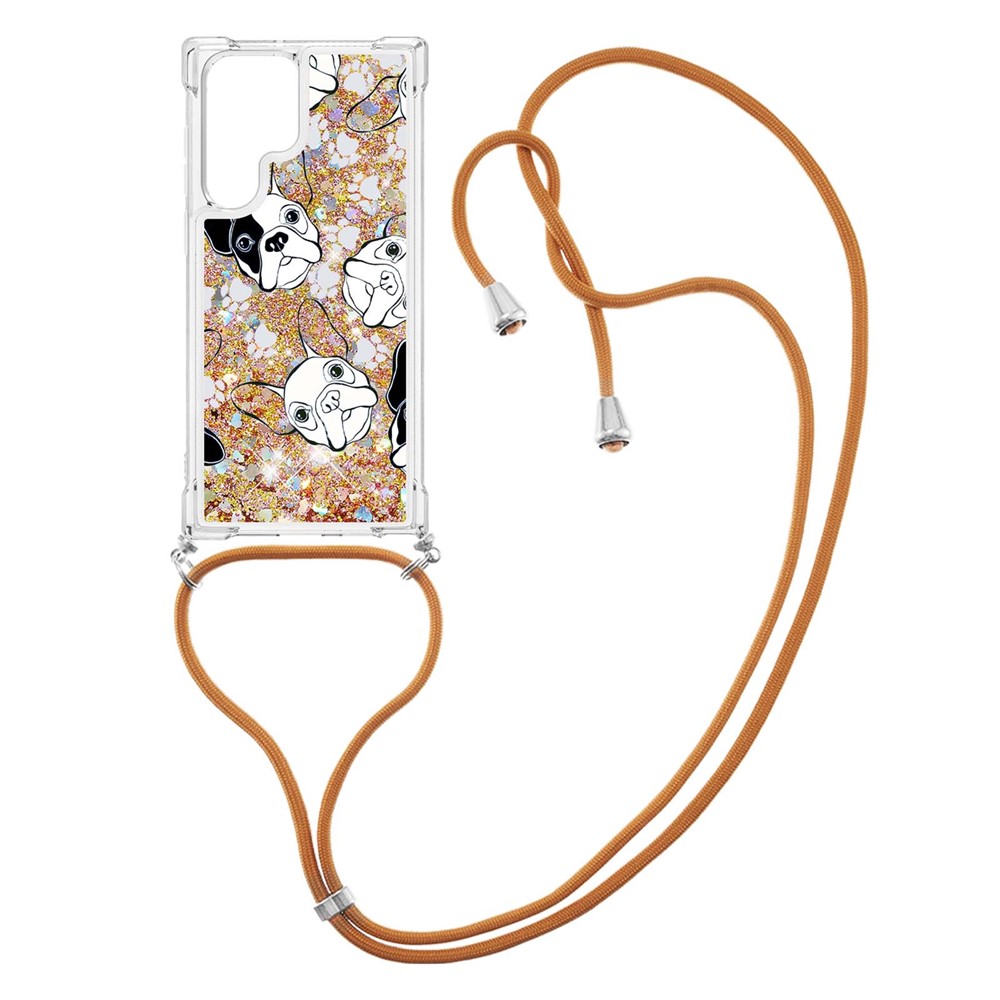Pattern Printing Long Strap Flowing Quicksand Shiny Liquid TPU Soft Anti-Drop Protective Cover for Samsung Galaxy S22 Ultra - Black/White Puppy-1