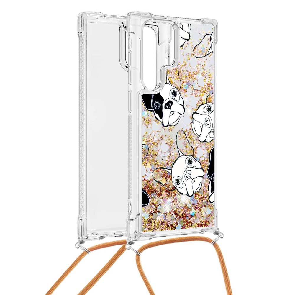 Pattern Printing Long Strap Flowing Quicksand Shiny Liquid TPU Soft Anti-Drop Protective Cover for Samsung Galaxy S22 Ultra - Black/White Puppy-2