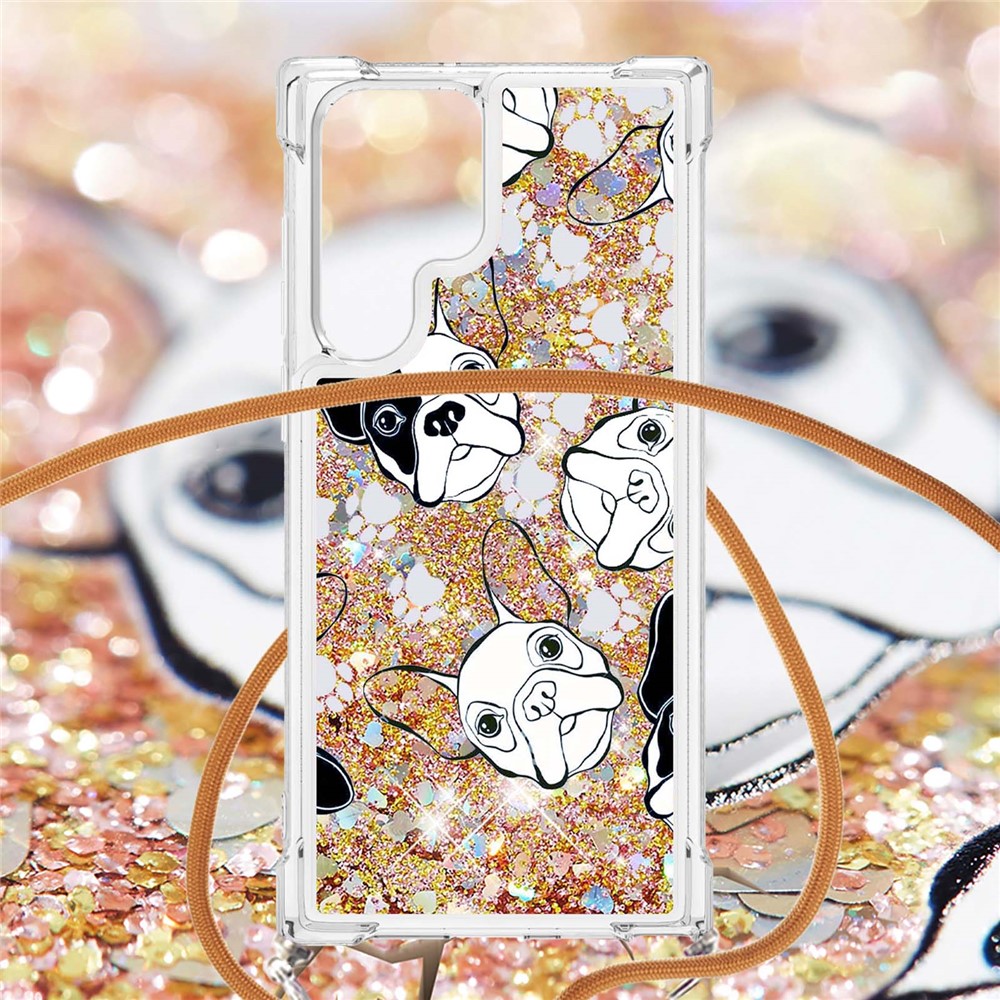 Pattern Printing Long Strap Flowing Quicksand Shiny Liquid TPU Soft Anti-Drop Protective Cover for Samsung Galaxy S22 Ultra - Black/White Puppy-5