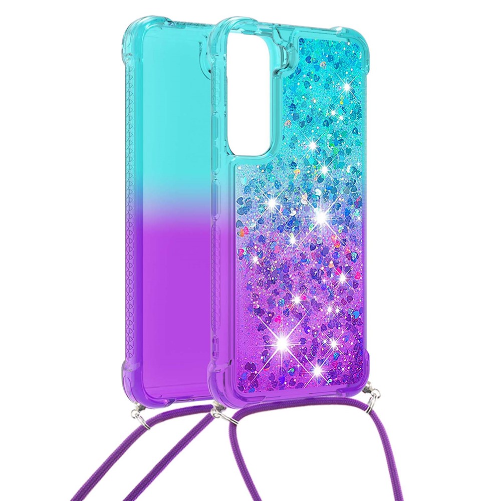 Soft TPU Liquid Glitter Gradient Quicksand Sparkle Protective Case with Lanyard for Samsung Galaxy S22 Plus - Sky Blue/Purple-2