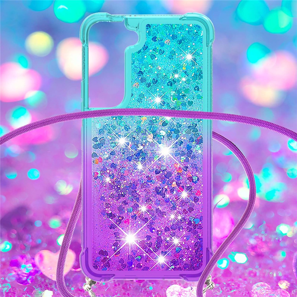 Soft TPU Liquid Glitter Gradient Quicksand Sparkle Protective Case with Lanyard for Samsung Galaxy S22 Plus - Sky Blue/Purple-4