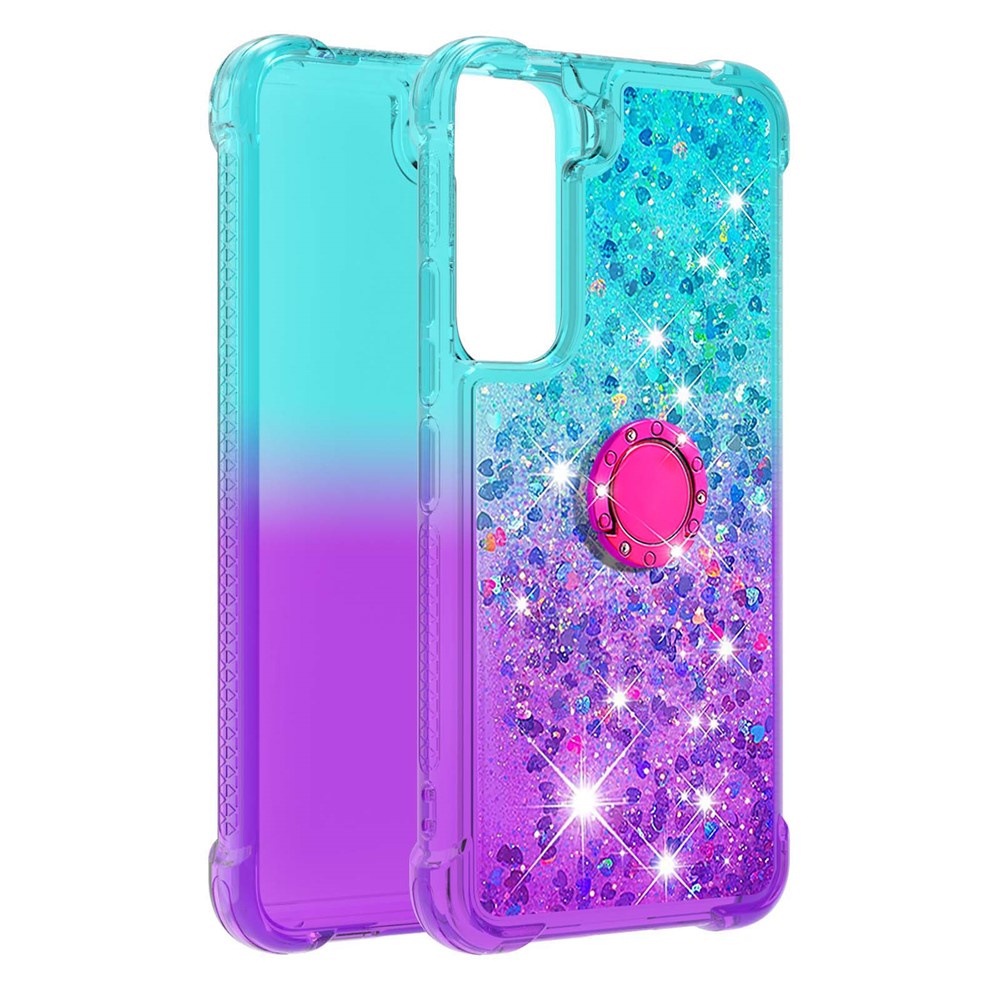 Ring Kickstand Quicksand Flowing Liquid Glitter Soft TPU Gradient Phone Case for Samsung Galaxy S22 Plus - Sky Blue/Purple-1
