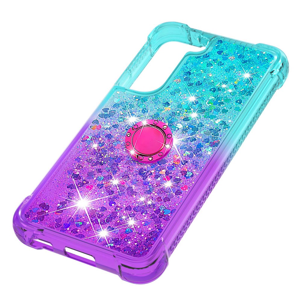 Ring Kickstand Quicksand Flowing Liquid Glitter Soft TPU Gradient Phone Case for Samsung Galaxy S22 Plus - Sky Blue/Purple-5