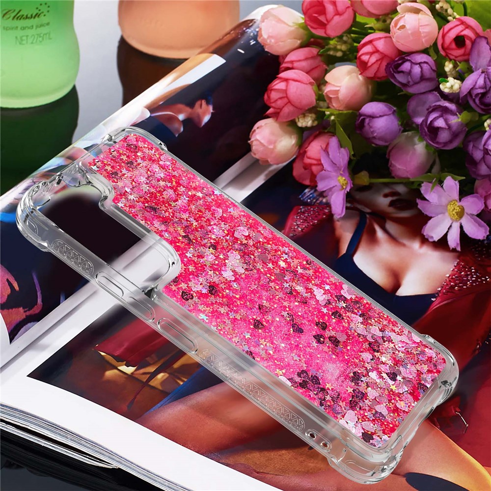 Soft TPU Clear Cover Moving Quicksand Glitter Cute Phone Case for Samsung Galaxy S22 Plus - Pink Hearts-5