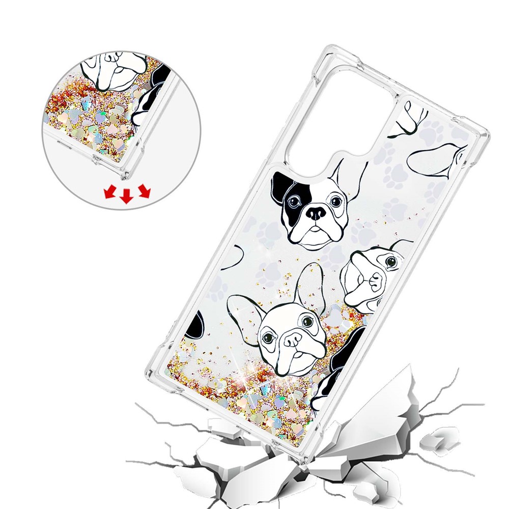 Pattern Printing Design Fashion Flowing Quicksand TPU Phone Case for Samsung Galaxy S22 Ultra - Back/White Puppy-3