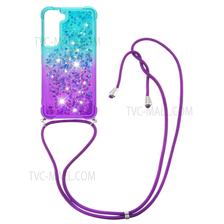 Glitter Gradient Liquid Case Bling Quicksand Waterfall TPU Protective Cover with Lanyard for Samsung Galaxy S22 - Sky Blue/Purple-1