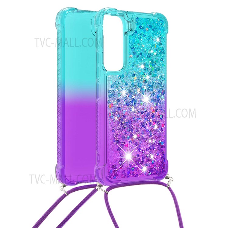 Glitter Gradient Liquid Case Bling Quicksand Waterfall TPU Protective Cover with Lanyard for Samsung Galaxy S22 - Sky Blue/Purple-2