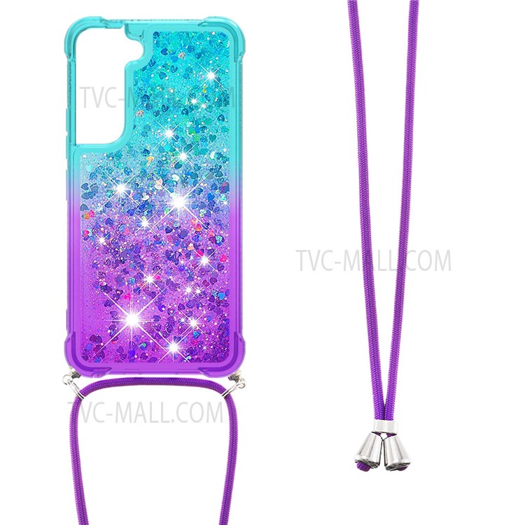 Glitter Gradient Liquid Case Bling Quicksand Waterfall TPU Protective Cover with Lanyard for Samsung Galaxy S22 - Sky Blue/Purple-3