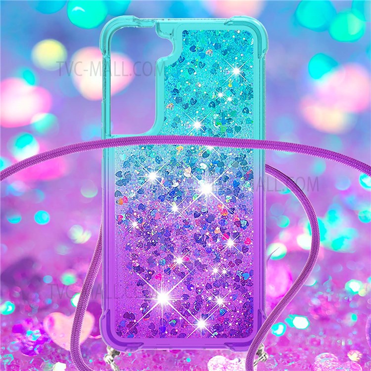 Glitter Gradient Liquid Case Bling Quicksand Waterfall TPU Protective Cover with Lanyard for Samsung Galaxy S22 - Sky Blue/Purple-4