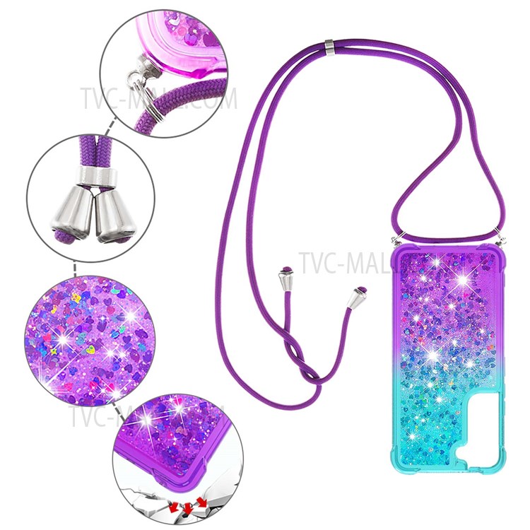 Glitter Gradient Liquid Case Bling Quicksand Waterfall TPU Protective Cover with Lanyard for Samsung Galaxy S22 - Sky Blue/Purple-5