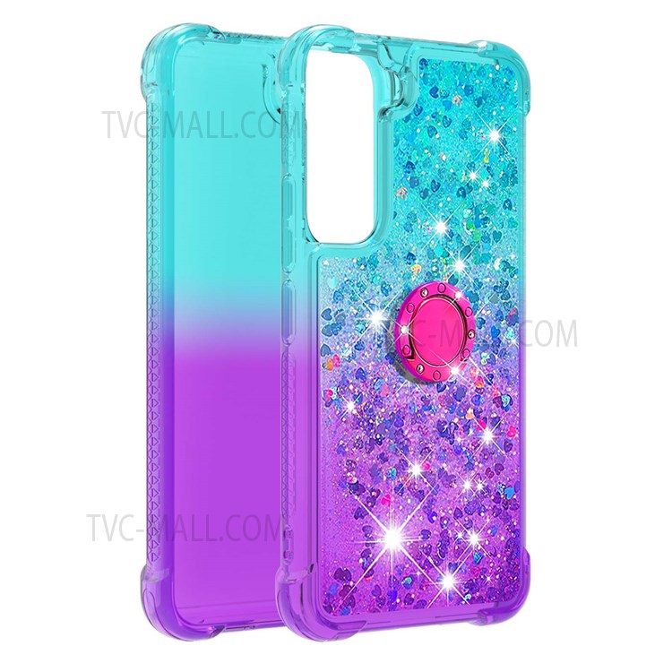 Liquid Glitter Gradient Quicksand Soft TPU Protective Phone Case with Ring Kickstand for Samsung Galaxy S22 - Sky Blue/Purple-1