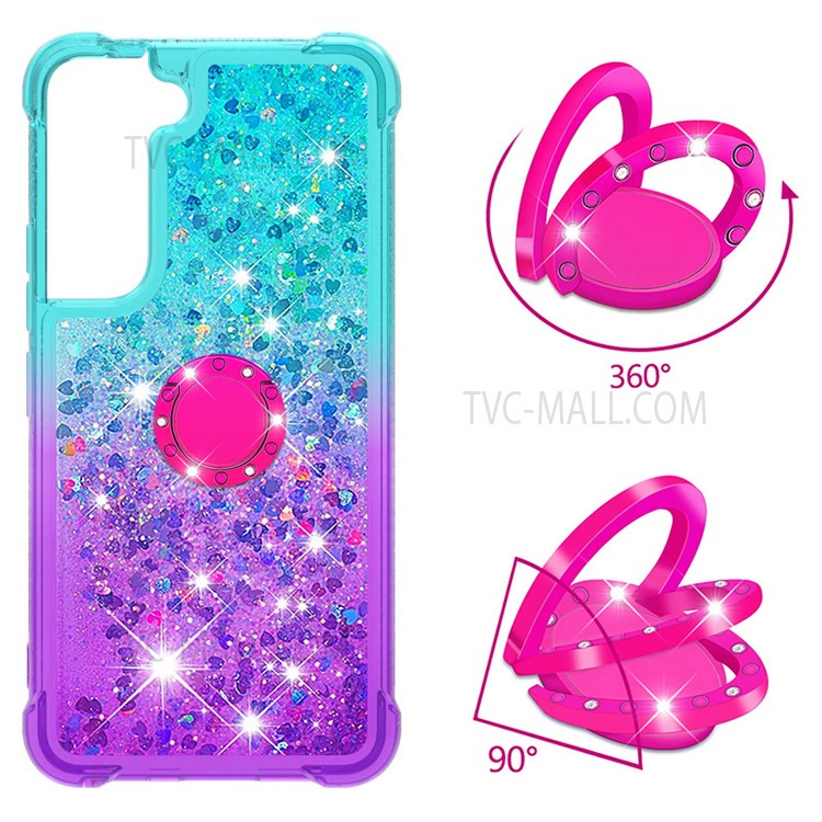 Liquid Glitter Gradient Quicksand Soft TPU Protective Phone Case with Ring Kickstand for Samsung Galaxy S22 - Sky Blue/Purple-2