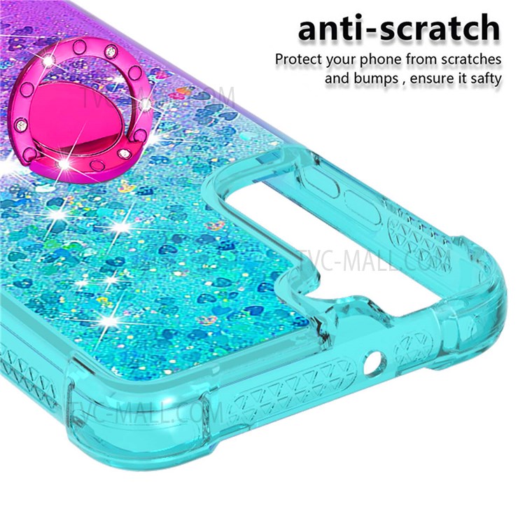 Liquid Glitter Gradient Quicksand Soft TPU Protective Phone Case with Ring Kickstand for Samsung Galaxy S22 - Sky Blue/Purple-3