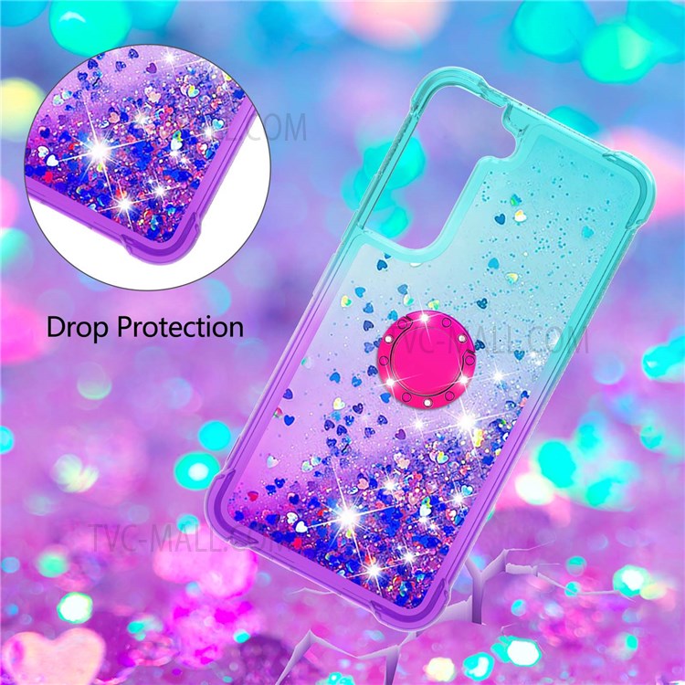 Liquid Glitter Gradient Quicksand Soft TPU Protective Phone Case with Ring Kickstand for Samsung Galaxy S22 - Sky Blue/Purple-4