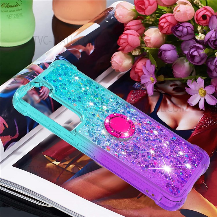 Liquid Glitter Gradient Quicksand Soft TPU Protective Phone Case with Ring Kickstand for Samsung Galaxy S22 - Sky Blue/Purple-5