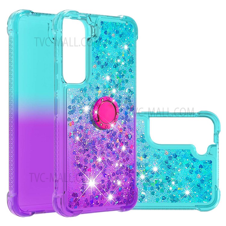 Liquid Glitter Gradient Quicksand Soft TPU Protective Phone Case with Ring Kickstand for Samsung Galaxy S22 - Sky Blue/Purple-7