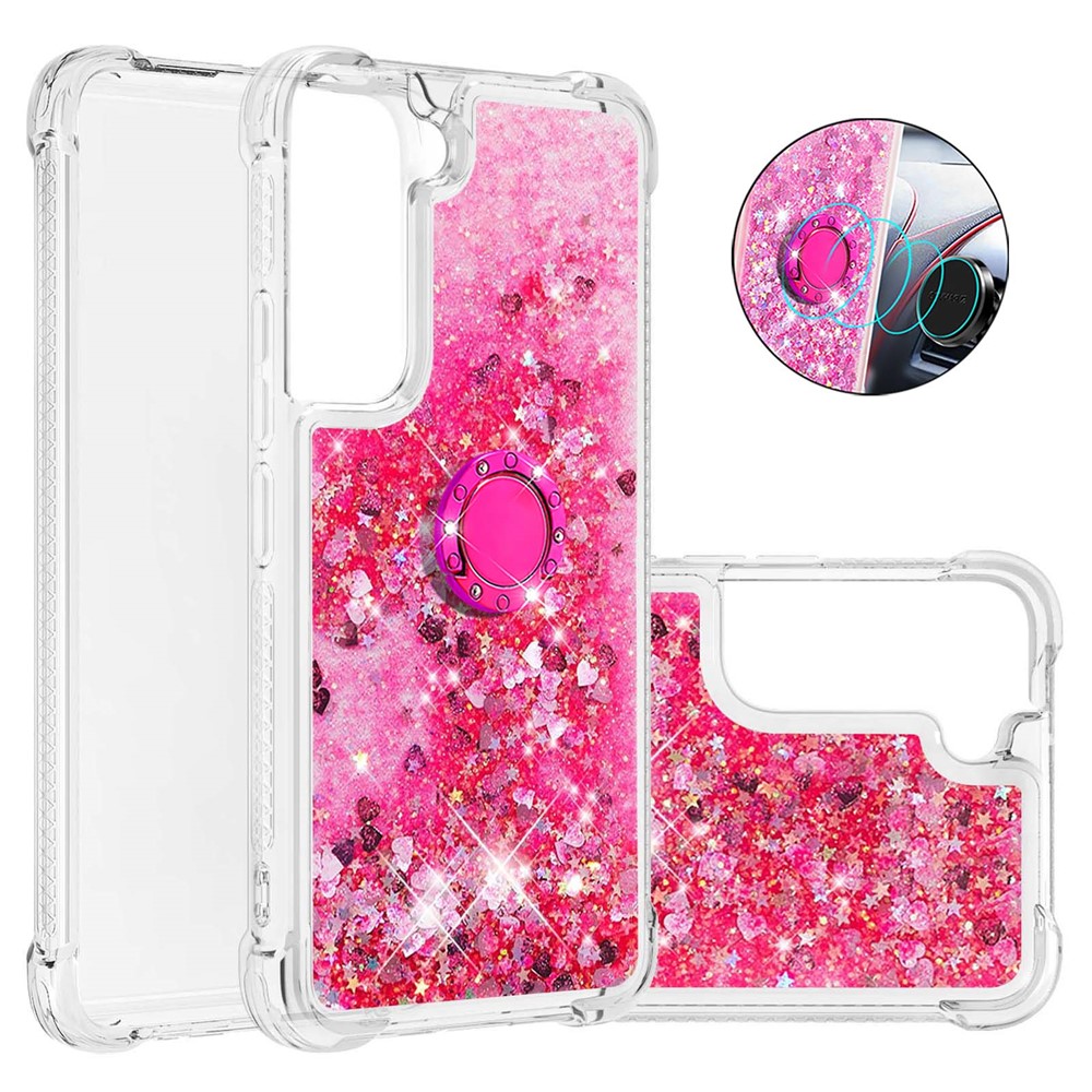 Quicksand Glitter Shiny Rhinestone Ring Kickstand TPU Back Phone Case for Samsung Galaxy S22 - Pink Hearts-1