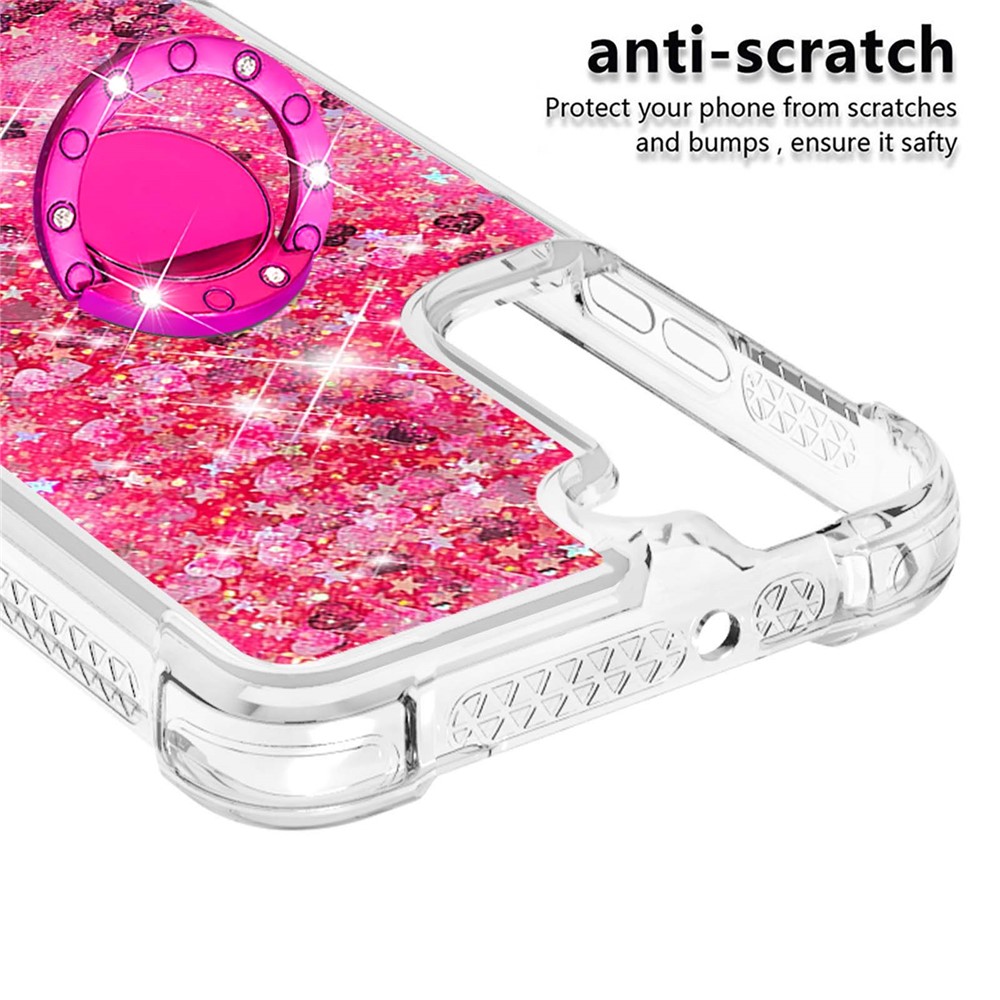 Quicksand Glitter Shiny Rhinestone Ring Kickstand TPU Back Phone Case for Samsung Galaxy S22 - Pink Hearts-3