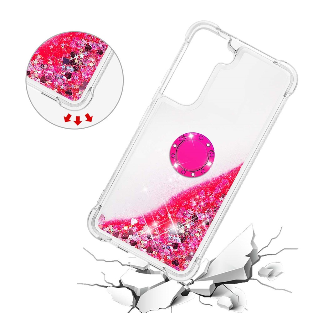 Quicksand Glitter Shiny Rhinestone Ring Kickstand TPU Back Phone Case for Samsung Galaxy S22 - Pink Hearts-4
