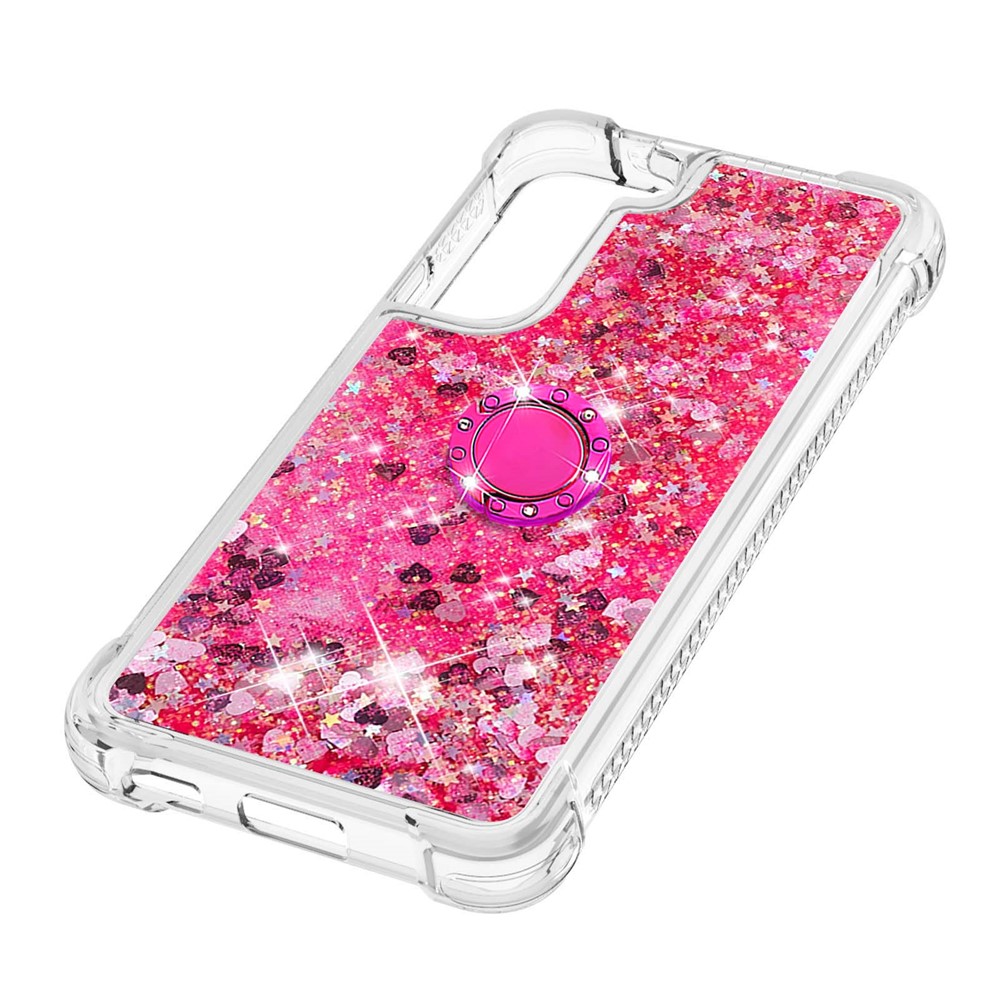 Quicksand Glitter Shiny Rhinestone Ring Kickstand TPU Back Phone Case for Samsung Galaxy S22 - Pink Hearts-5
