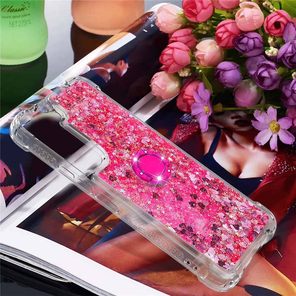 Quicksand Glitter Shiny Rhinestone Ring Kickstand TPU Back Phone Case for Samsung Galaxy S22 - Pink Hearts-6