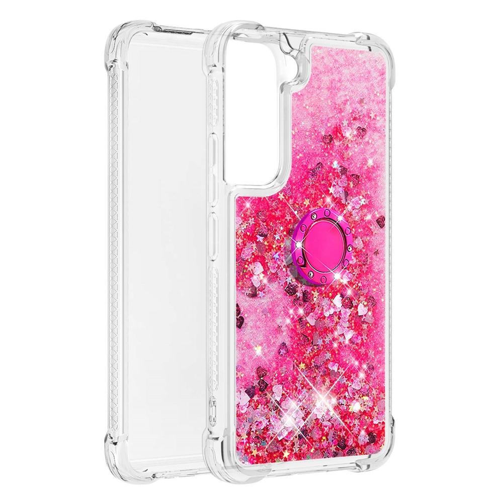 Quicksand Glitter Shiny Rhinestone Ring Kickstand TPU Back Phone Case for Samsung Galaxy S22 - Pink Hearts-7