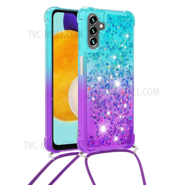 Gradient Flowing Liquid Quicksand Flowing Waterfall TPU Phone Case with Lanyard for Samsung Galaxy A13 5G - Sky Blue/Purple-2