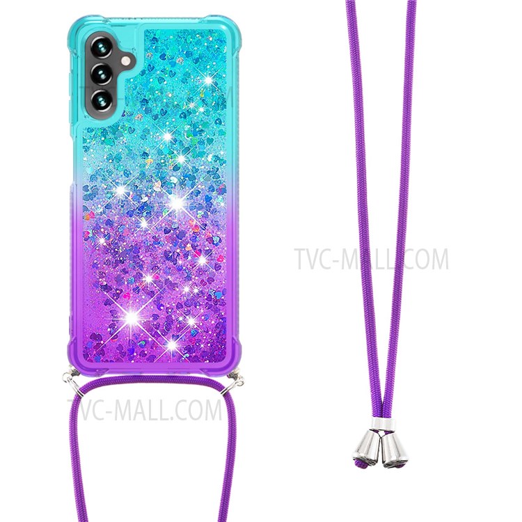 Gradient Flowing Liquid Quicksand Flowing Waterfall TPU Phone Case with Lanyard for Samsung Galaxy A13 5G - Sky Blue/Purple-3