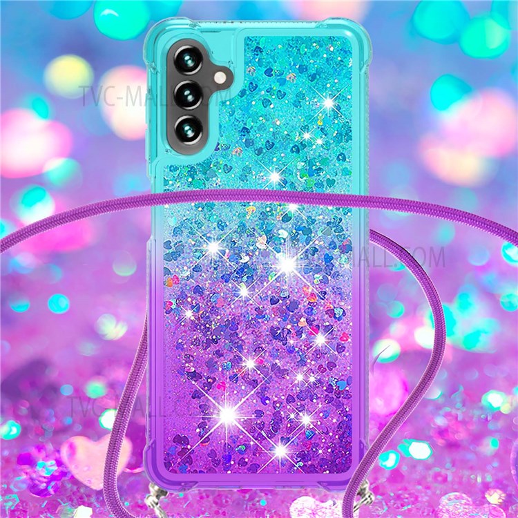 Gradient Flowing Liquid Quicksand Flowing Waterfall TPU Phone Case with Lanyard for Samsung Galaxy A13 5G - Sky Blue/Purple-4