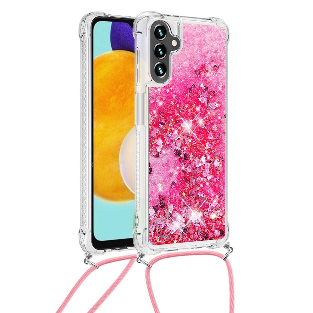 Quicksand Glitter Liquid Soft TPU Cell Phone Case with Adjustable Lanyard for Samsung Galaxy A13 5G - Pink Hearts-2